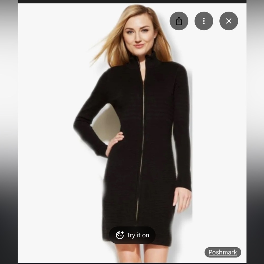 ELLEN TRACY Classic Black Ribbed-Knit Zipper Front Sweater Dress Soze Small